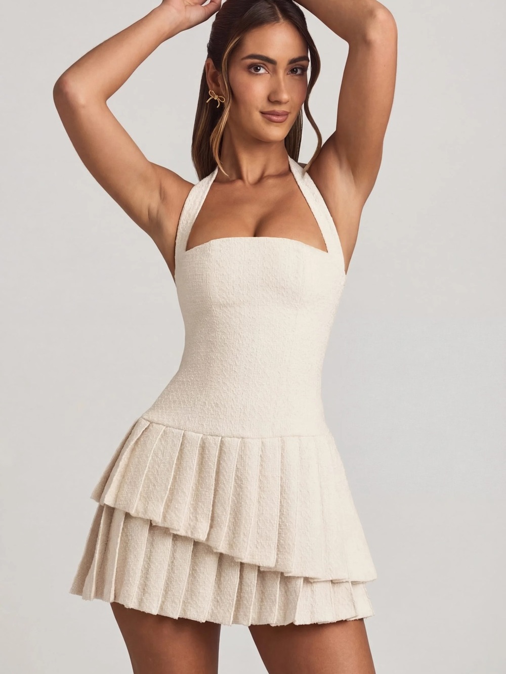 Oh Polly Cream Halter Pleated Mini Dress
